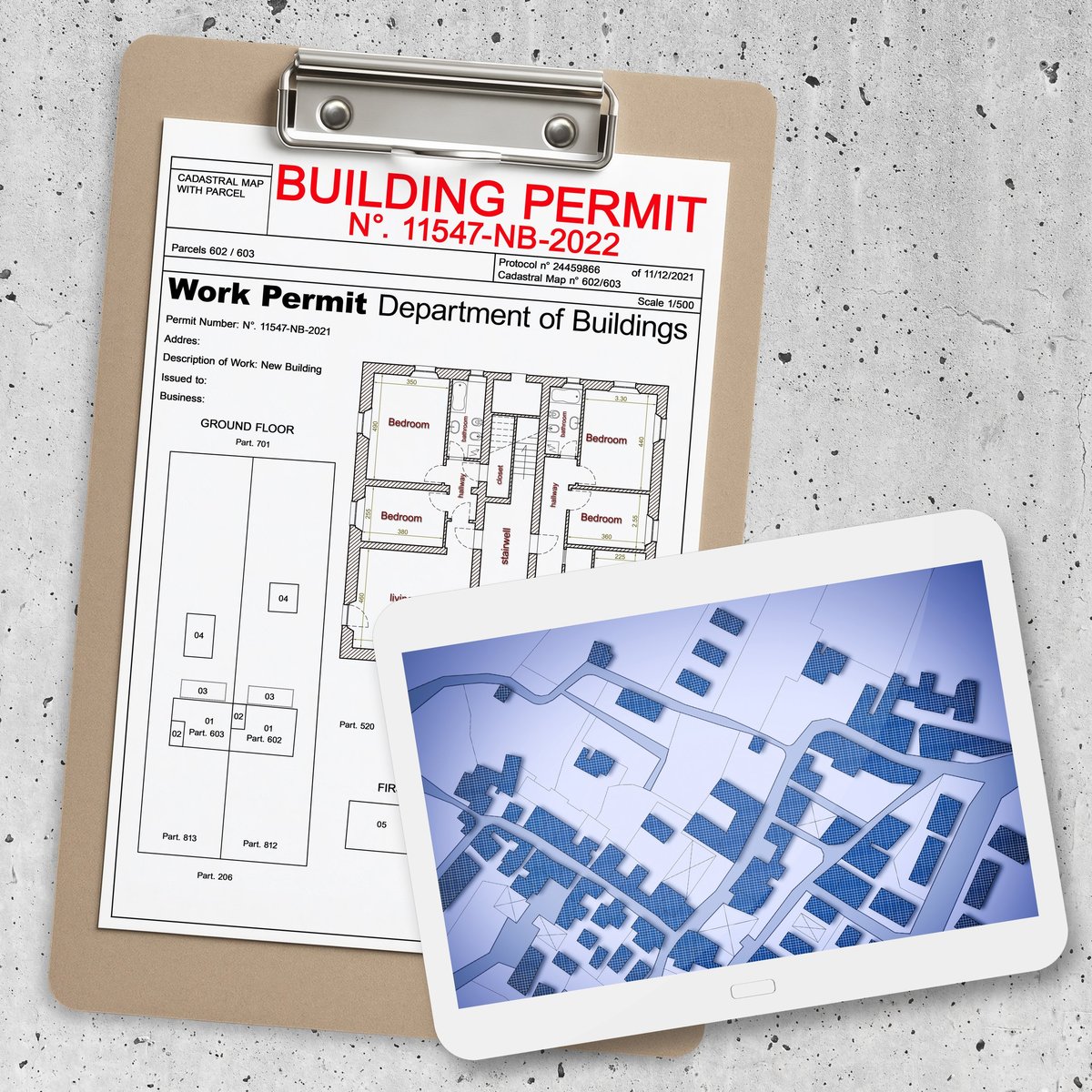 BUILDING PERMIT APPLICATION CONCEPT with architectural floor plan and urban planning documents