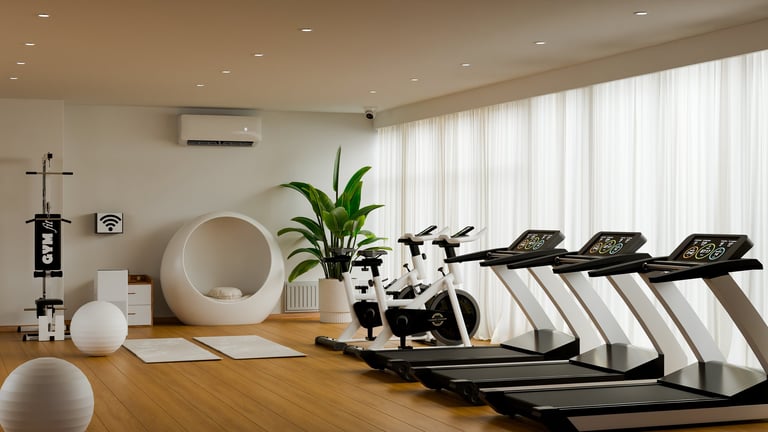 Modern gym with treadmills and fitness equipment in a bright room with natural light