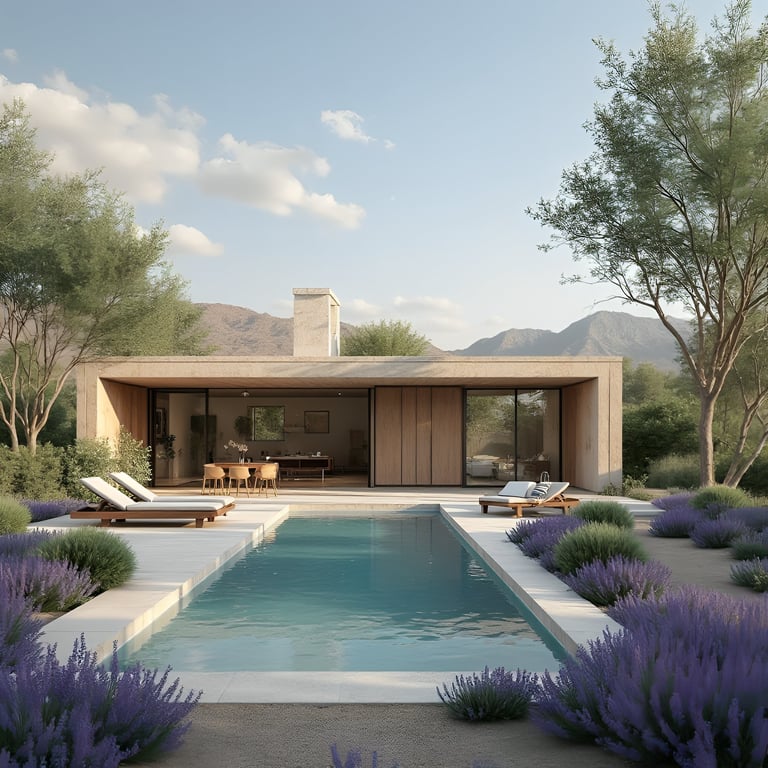 Modern minimalist house with rectangular pool, lavender landscaping, and mountain views in desert setting
