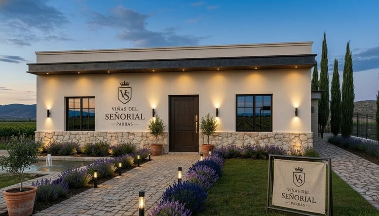 Modern white winery building with stone base, purple lavender landscaping, and Senorial branding sign at dusk.