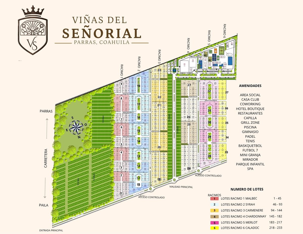 Master plan map of Vinas del Senorial development showing lot layouts, amenities locations, and street names in Darras, Coahuila.