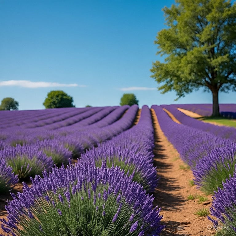 Expansive lavender field in full bloom with neat rows stretching toward distant trees under a blue sky